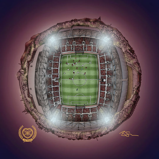 Tynecastle Park Globe at night 150th Anniversary Version by Staves Art (12"x12")