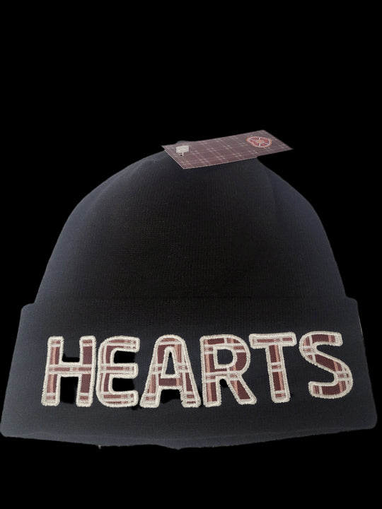 Black Beanie Hat - HEARTS in Tartan Letters